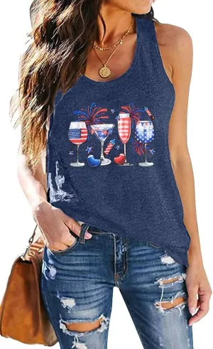 American Flag Tank Tops Women : Wine Glass Graphic Tees 4th of July Tops Patriotic Shirts Firework Tank Tops