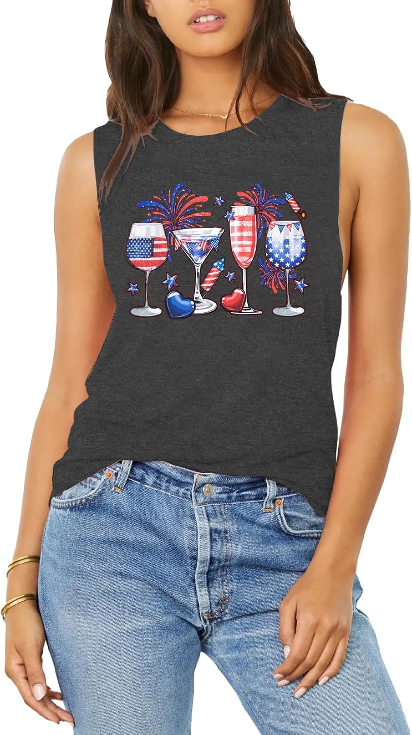 American Flag Tank Tops Women : Wine Glass Graphic Tees 4th of July Tops Patriotic Shirts Firework Tank Tops