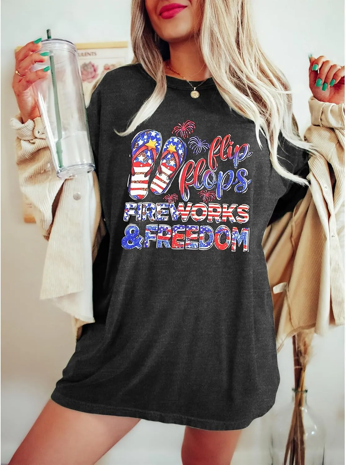 American Flag Tank Tops Women : Wine Glass Graphic Tees 4th of July Tops Patriotic Shirts Firework Tank Tops