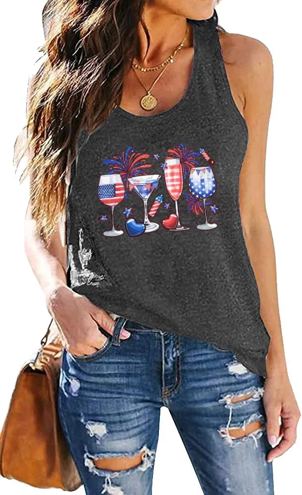American Flag Tank Tops Women : Wine Glass Graphic Tees 4th of July Tops Patriotic Shirts Firework Tank Tops