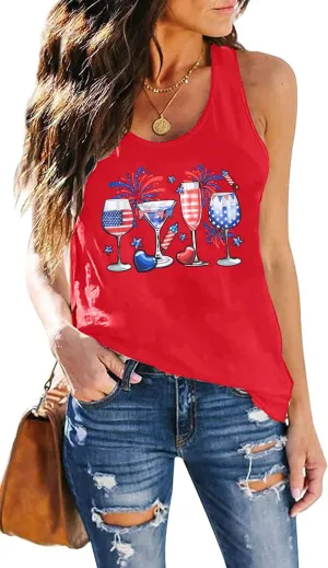 American Flag Tank Tops Women : Wine Glass Graphic Tees 4th of July Tops Patriotic Shirts Firework Tank Tops