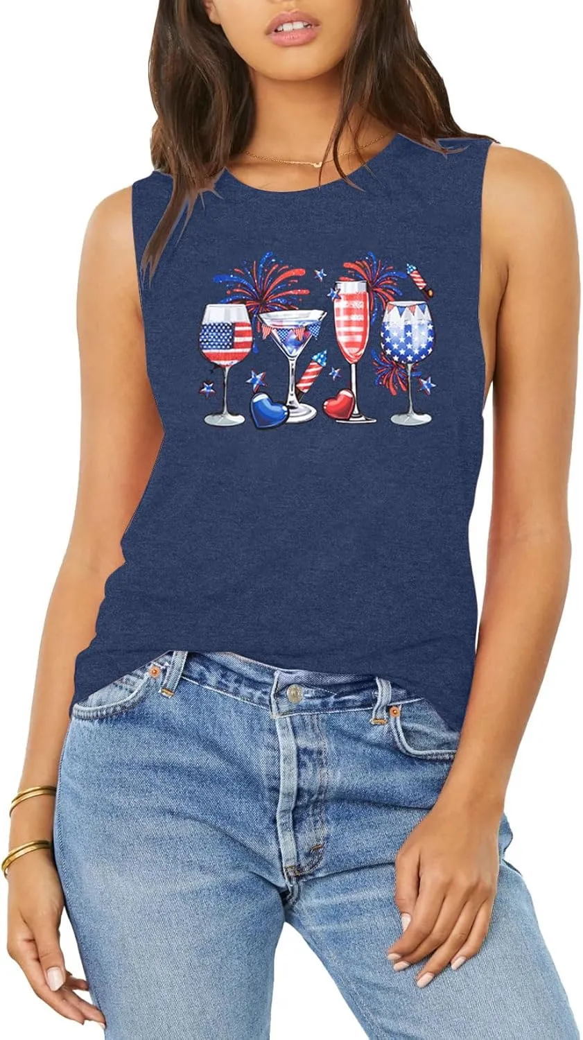 American Flag Tank Tops Women : Wine Glass Graphic Tees 4th of July Tops Patriotic Shirts Firework Tank Tops