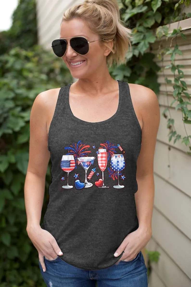 American Flag Tank Tops Women : Wine Glass Graphic Tees 4th of July Tops Patriotic Shirts Firework Tank Tops