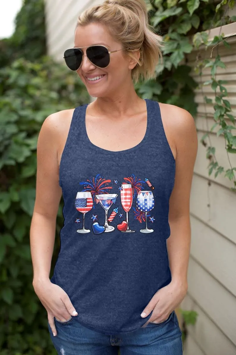 American Flag Tank Tops Women : Wine Glass Graphic Tees 4th of July Tops Patriotic Shirts Firework Tank Tops