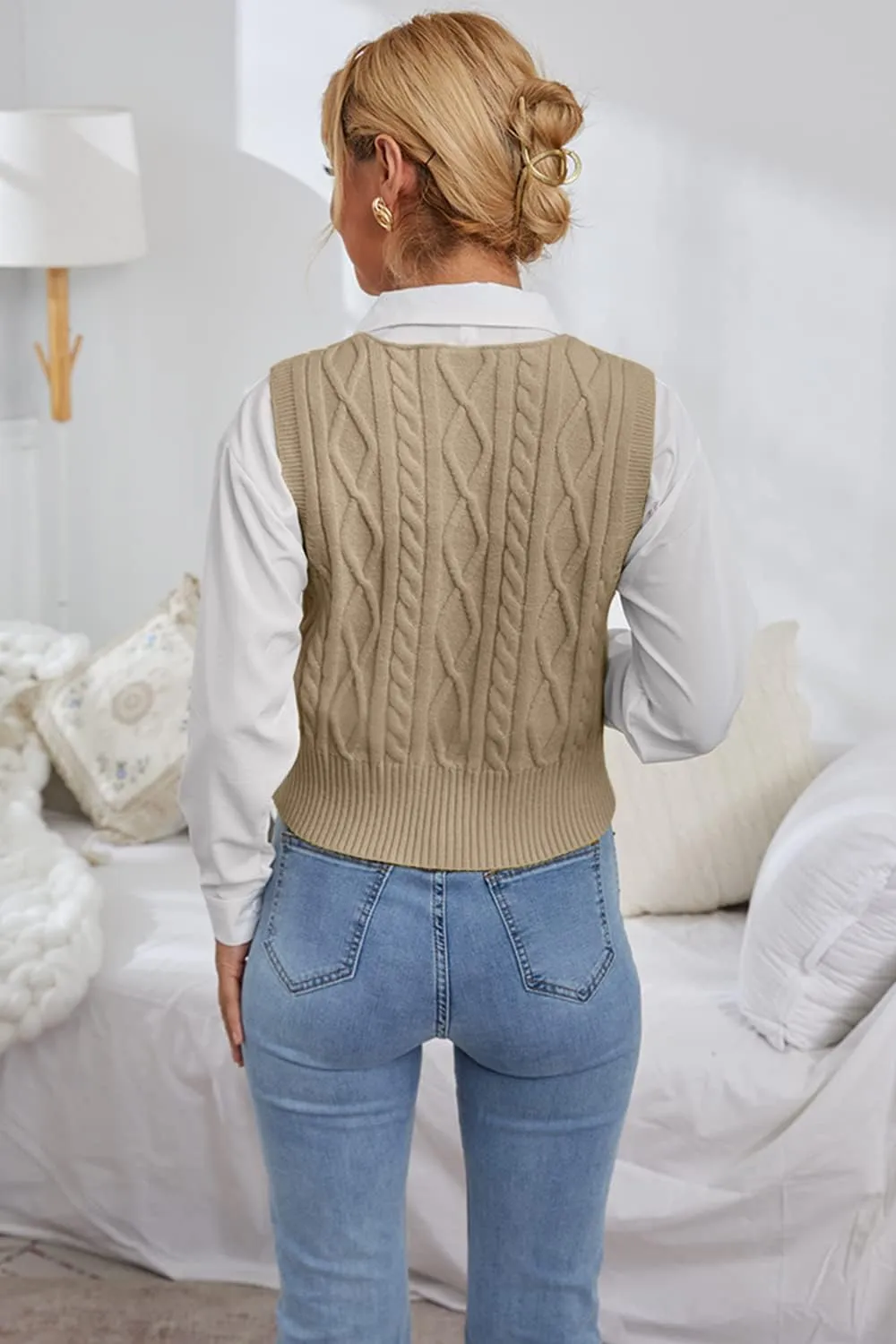 Aoysky Sweater Vest Women's V-Neck Sweater Tank Tops Pullover Cable Knit Vest Solid Color Sleeveless Loose Fit Sweater Top