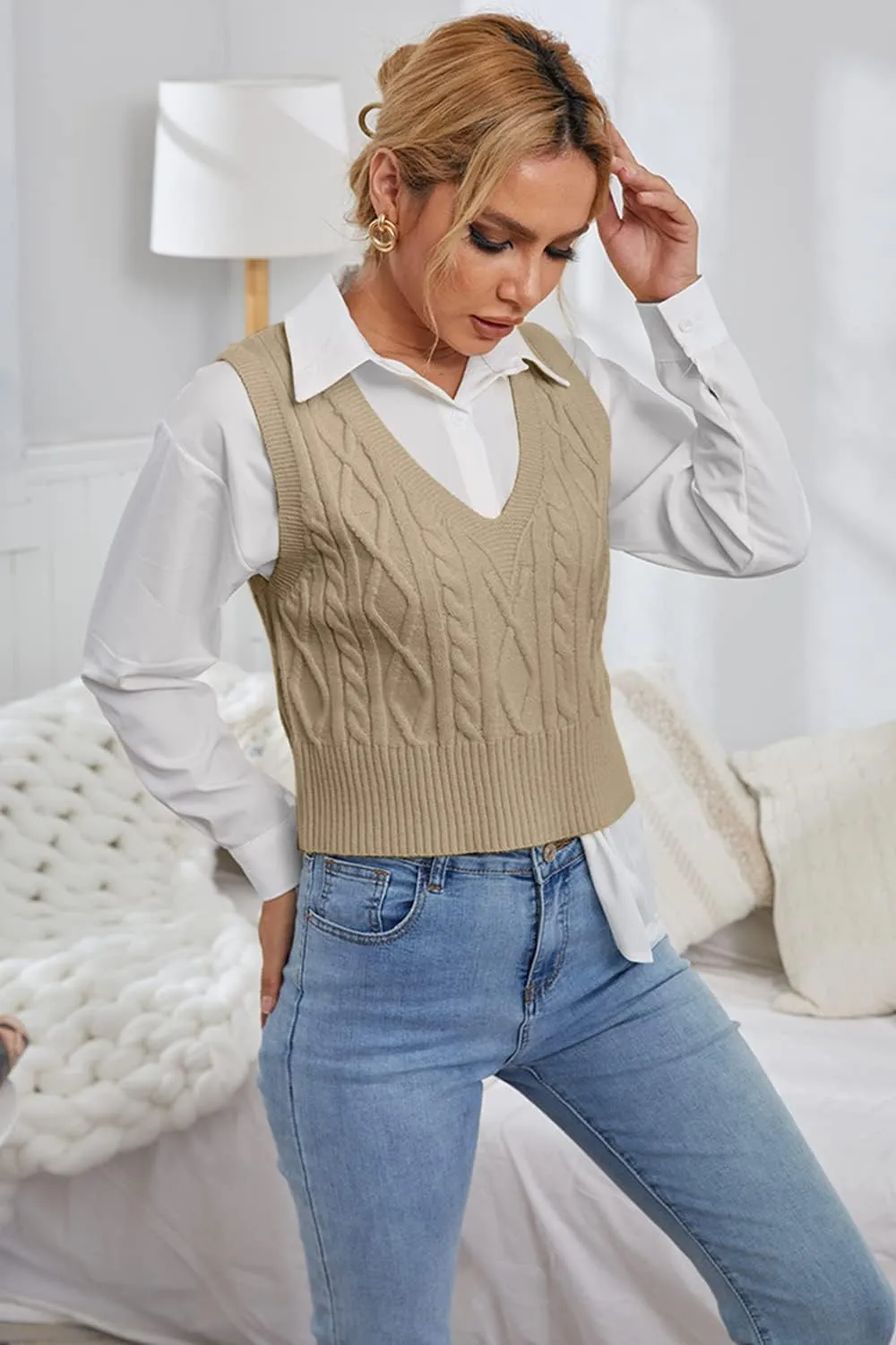 Aoysky Sweater Vest Women's V-Neck Sweater Tank Tops Pullover Cable Knit Vest Solid Color Sleeveless Loose Fit Sweater Top