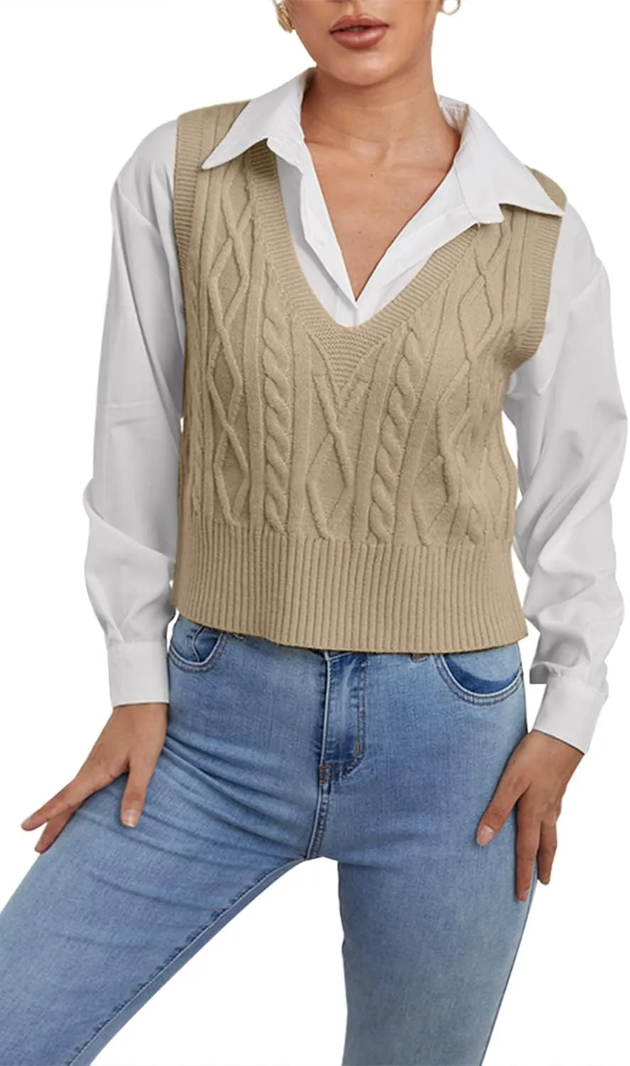 Aoysky Sweater Vest Women's V-Neck Sweater Tank Tops Pullover Cable Knit Vest Solid Color Sleeveless Loose Fit Sweater Top