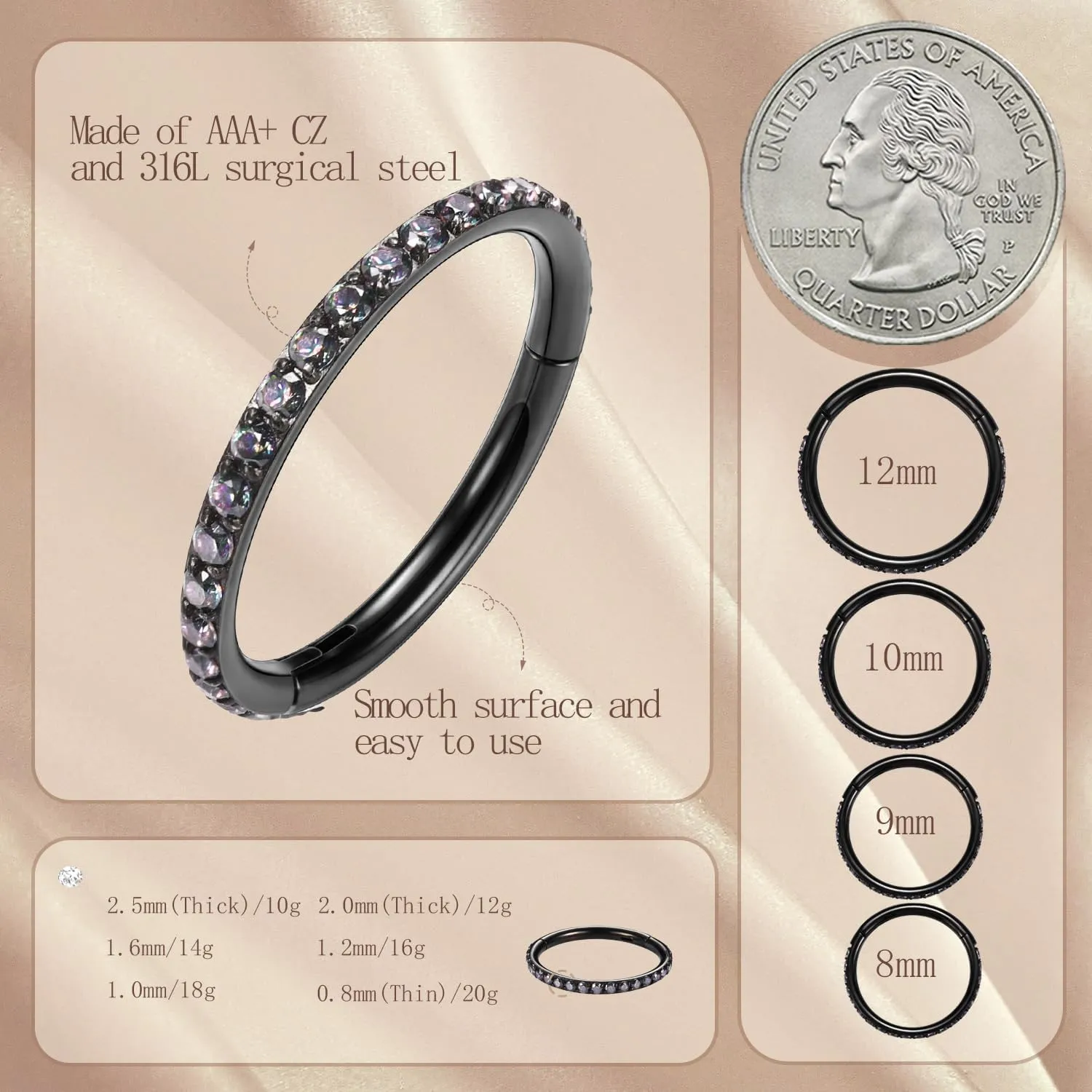 AROWRO CZ Hinged Hoop Ring 20G 18G 16G 5/6/7/8/9/10/12mm Opal Surgical Steel Conch Daith Rook Cartilage Tragus Helix Earrings Septum Clicker Ring Nose Piercing Jewelry