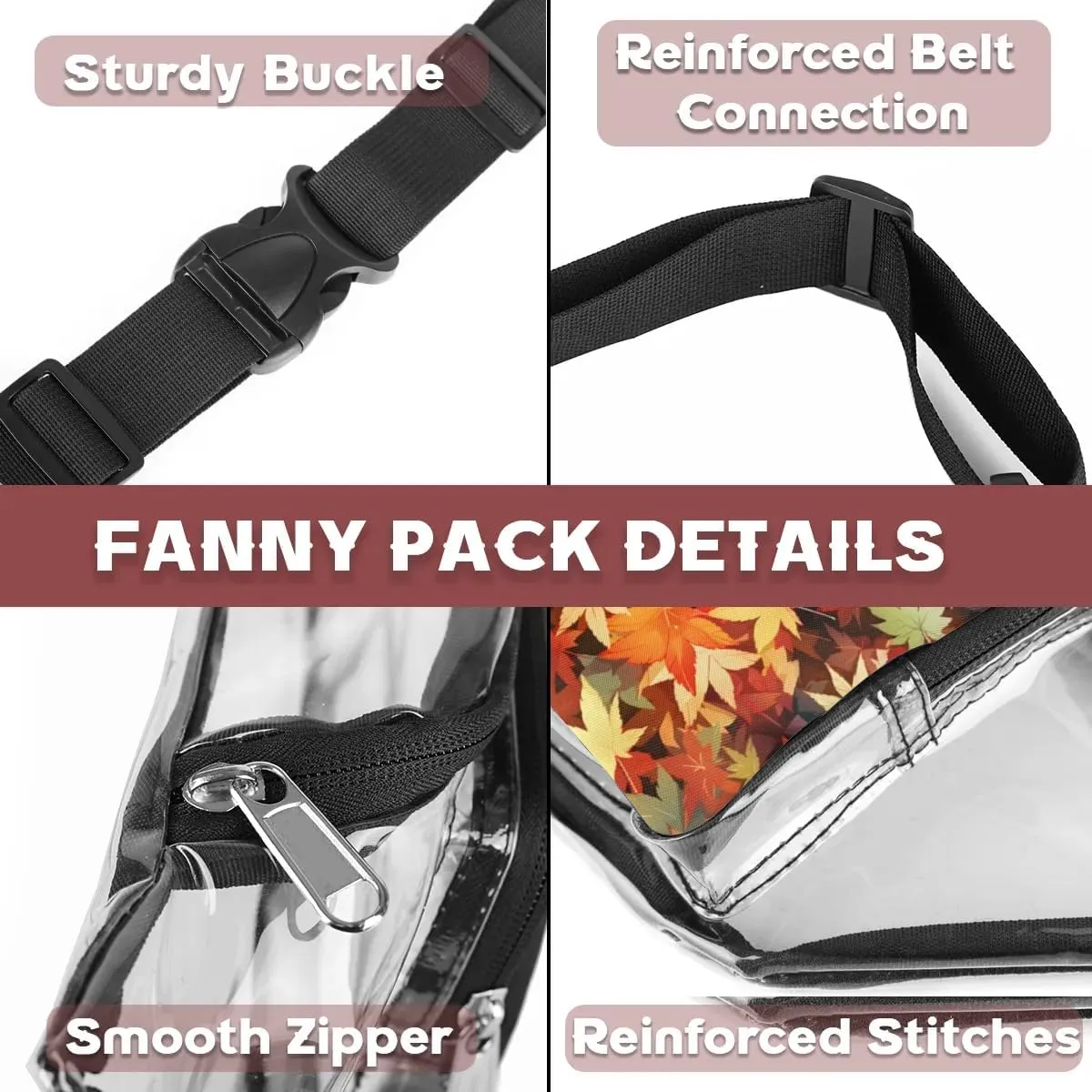 Autumn Maple Leaves Clear Bag Crossbody Clear Fanny Pack with Adjustable Strap Waterproof Transparent Waist Bag for Stadium Events, Hiking, Running