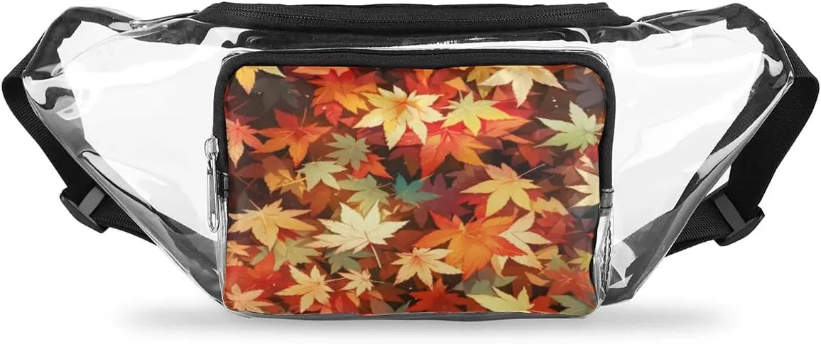 Autumn Maple Leaves Clear Bag Crossbody Clear Fanny Pack with Adjustable Strap Waterproof Transparent Waist Bag for Stadium Events, Hiking, Running