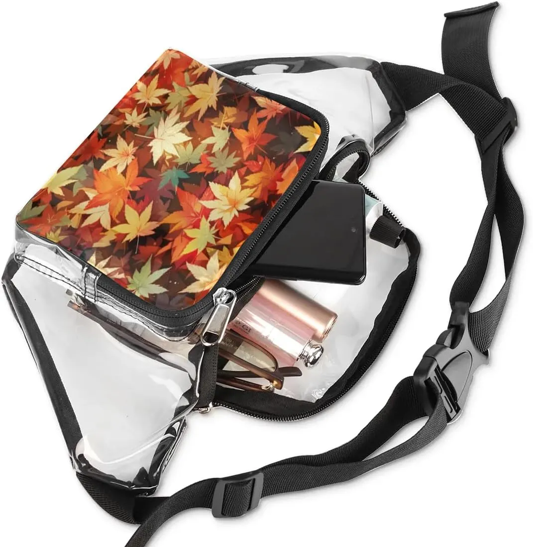 Autumn Maple Leaves Clear Bag Crossbody Clear Fanny Pack with Adjustable Strap Waterproof Transparent Waist Bag for Stadium Events, Hiking, Running