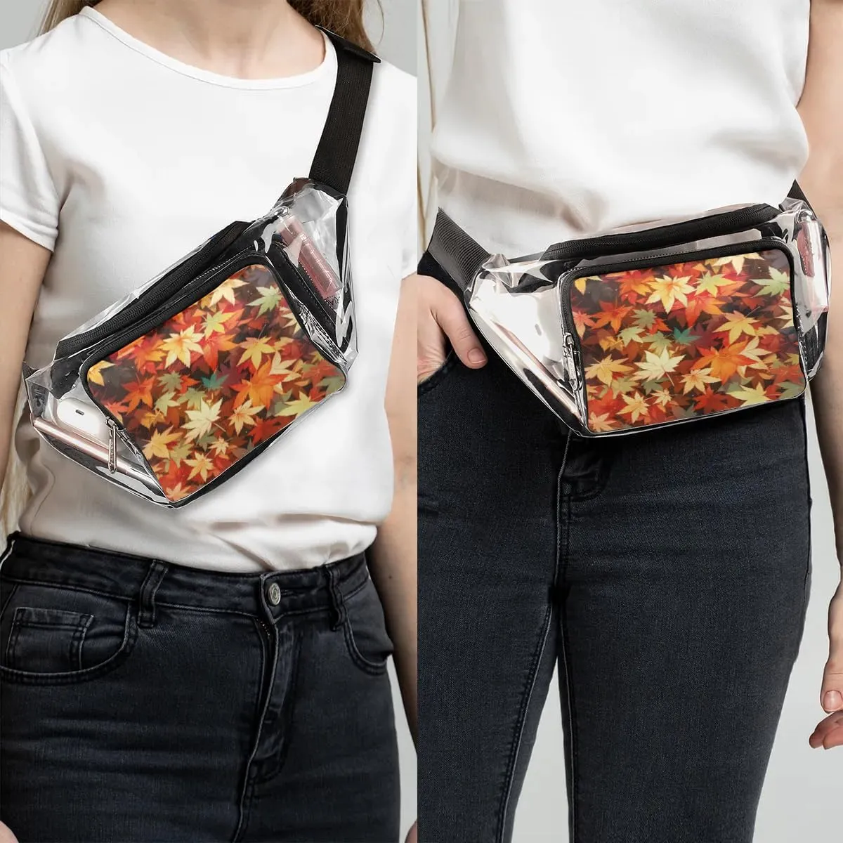 Autumn Maple Leaves Clear Bag Crossbody Clear Fanny Pack with Adjustable Strap Waterproof Transparent Waist Bag for Stadium Events, Hiking, Running