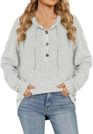 Autumn Slouchy Sweater Fashion Striped Knit Long Sleeve Drawstring Hooded Button Down Tunics Casual Party Work Tops