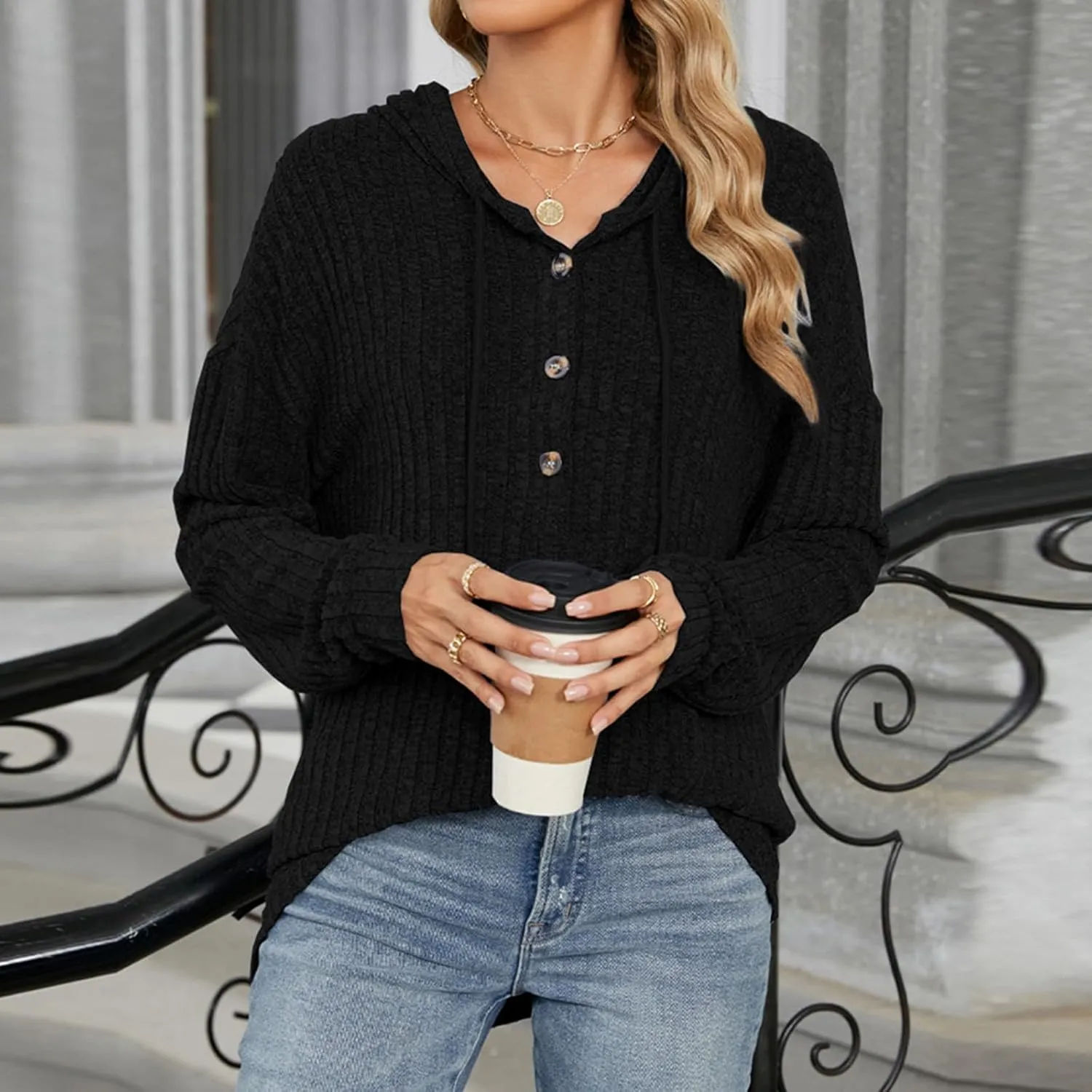 Autumn Slouchy Sweater Fashion Striped Knit Long Sleeve Drawstring Hooded Button Down Tunics Casual Party Work Tops