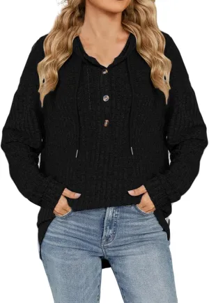 Autumn Slouchy Sweater Fashion Striped Knit Long Sleeve Drawstring Hooded Button Down Tunics Casual Party Work Tops