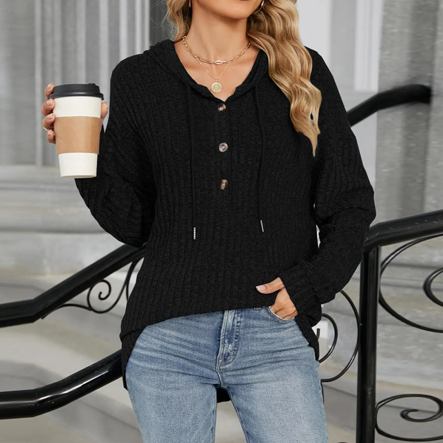 Autumn Slouchy Sweater Fashion Striped Knit Long Sleeve Drawstring Hooded Button Down Tunics Casual Party Work Tops