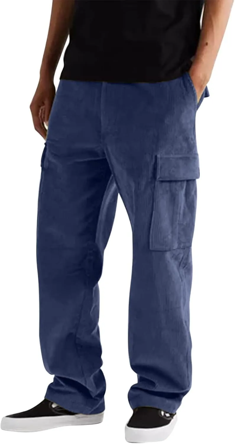 Baggy Cargo Pants Men Big and Tall Relaxed Fit Casual Corduroy Pants Autumn and Winter Solid Straight Athletic Sweatpants