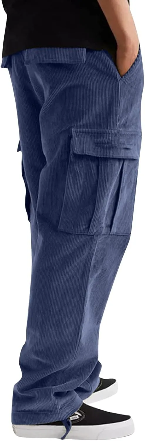 Baggy Cargo Pants Men Big and Tall Relaxed Fit Casual Corduroy Pants Autumn and Winter Solid Straight Athletic Sweatpants