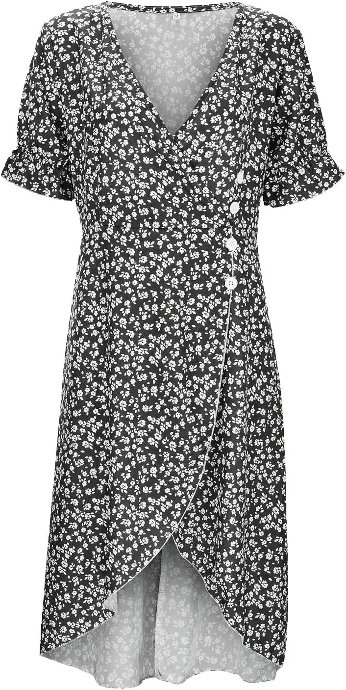 Beach Dresses for Women,2025 Summer Trendy Elegant Wrap V Neck Floral Boho Dress,Flowy Ruched Hawaiian Maxi Dress