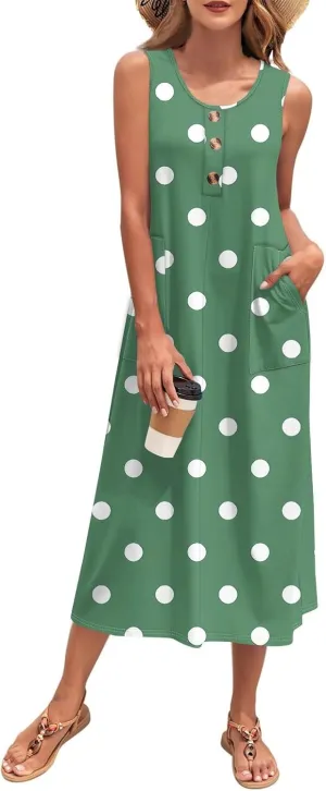 Beach Vacation Clothes for Women Casual Button U-Neck Swing Midi Dress Summer Dot Print Pocketed Long Flowy Dress