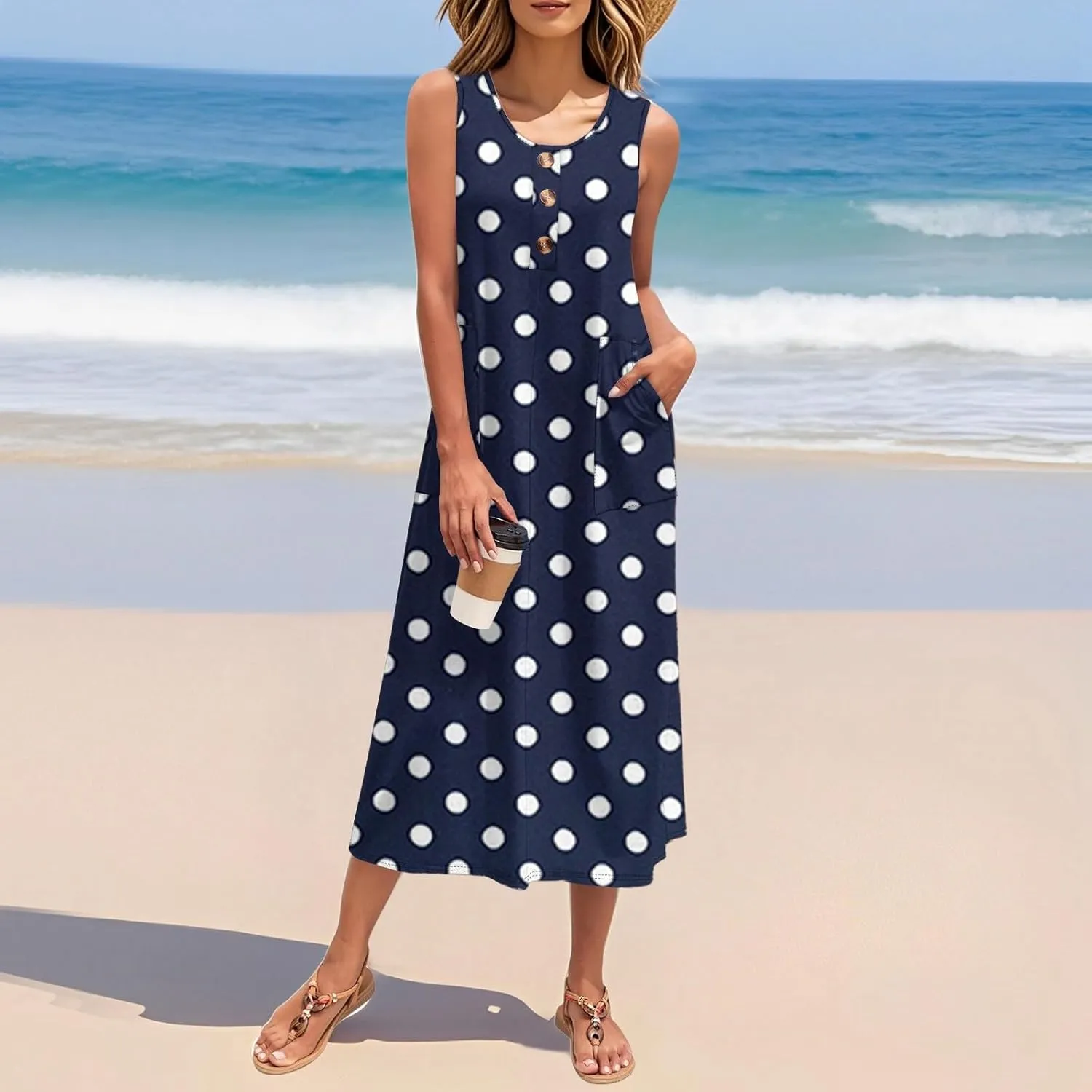 Beach Vacation Clothes for Women Casual Button U-Neck Swing Midi Dress Summer Dot Print Pocketed Long Flowy Dress