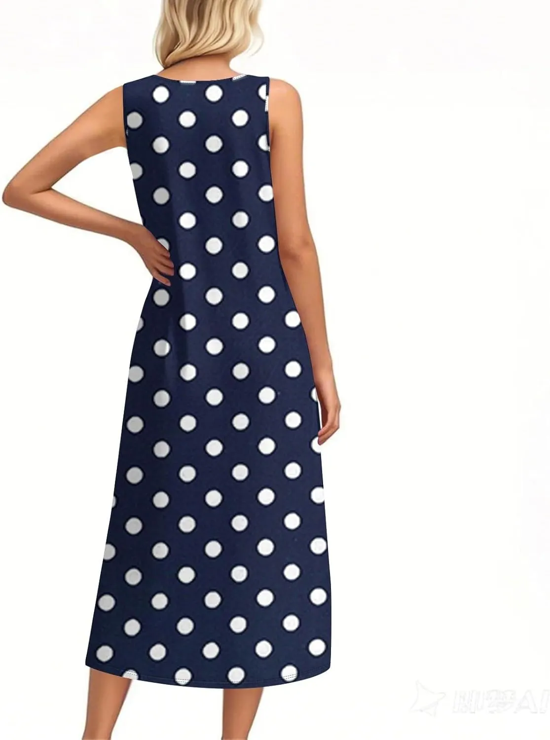 Beach Vacation Clothes for Women Casual Button U-Neck Swing Midi Dress Summer Dot Print Pocketed Long Flowy Dress
