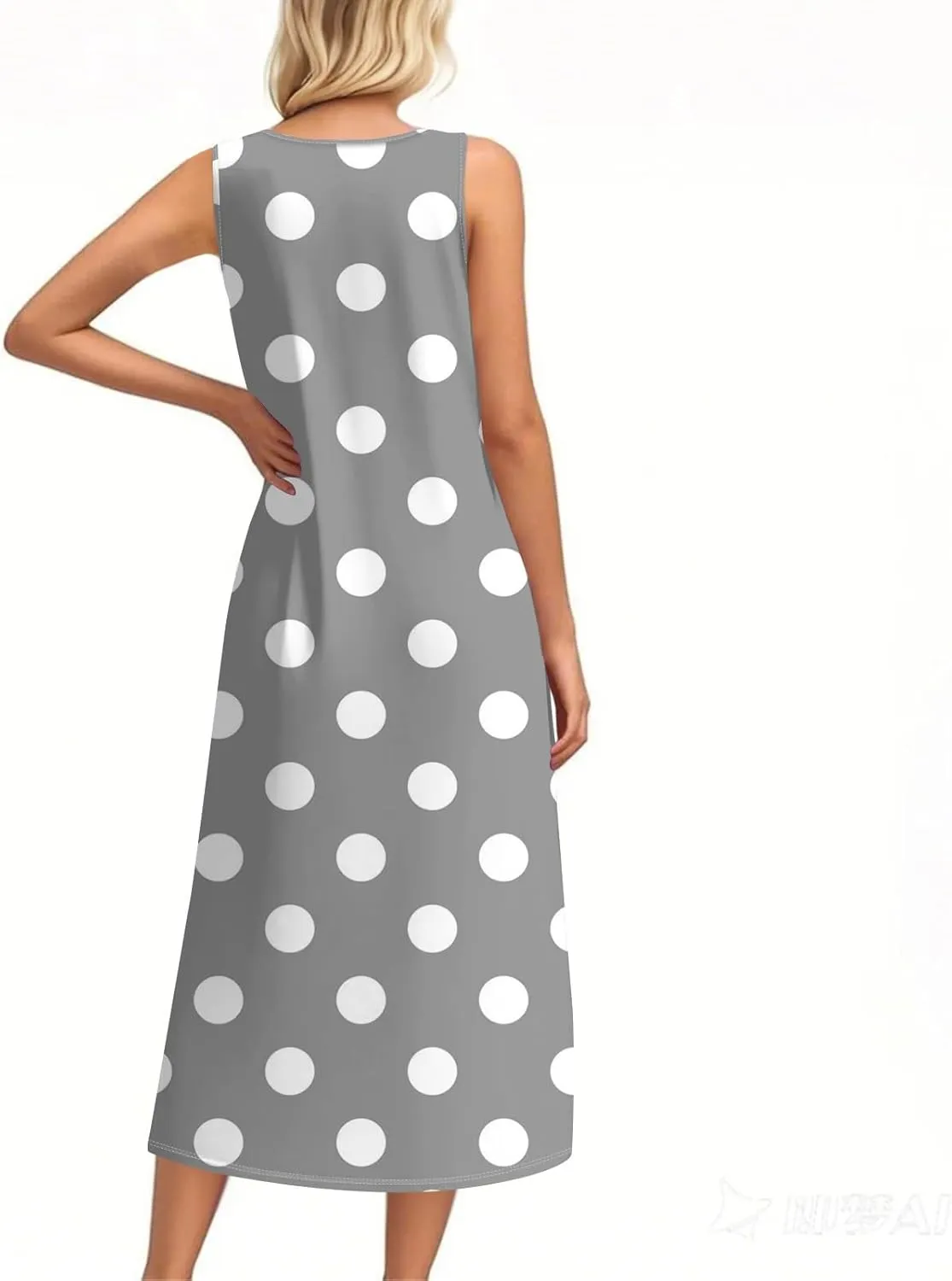 Beach Vacation Clothes for Women Casual Button U-Neck Swing Midi Dress Summer Dot Print Pocketed Long Flowy Dress