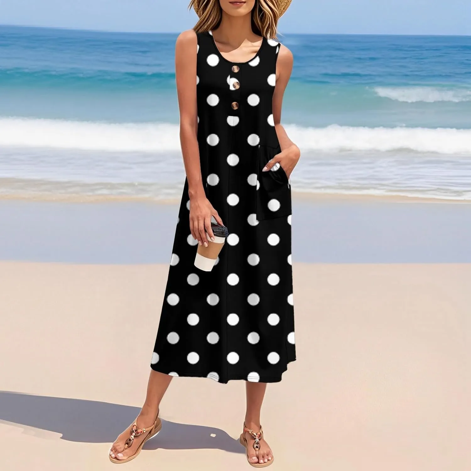 Beach Vacation Clothes for Women Casual Button U-Neck Swing Midi Dress Summer Dot Print Pocketed Long Flowy Dress