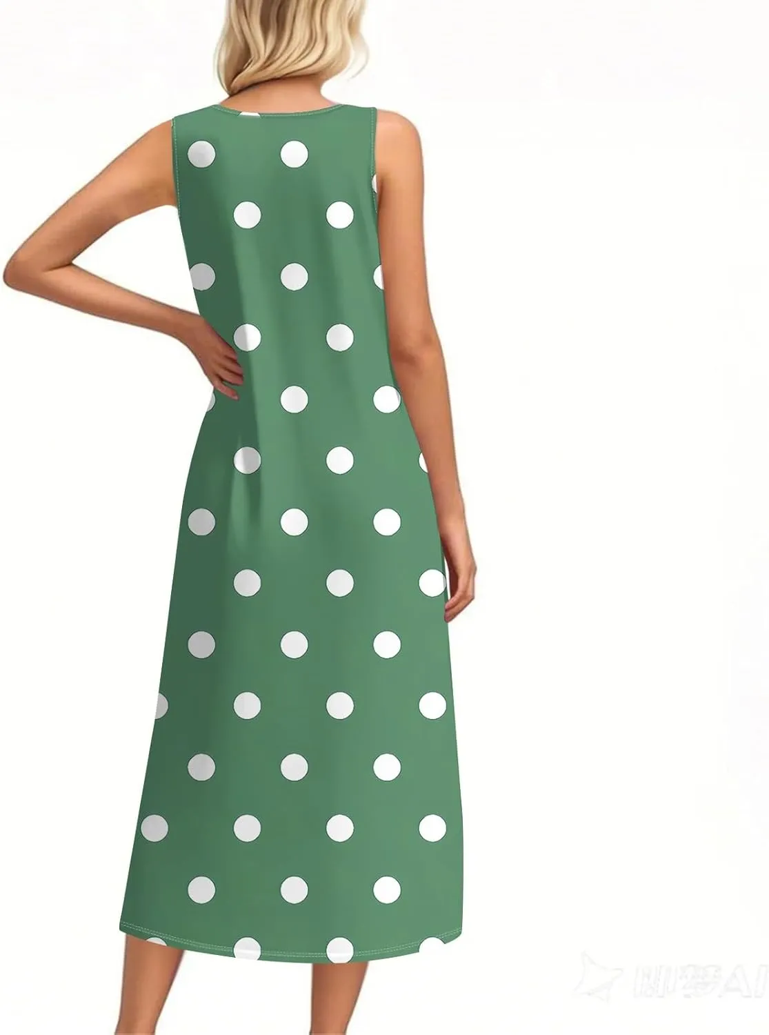 Beach Vacation Clothes for Women Casual Button U-Neck Swing Midi Dress Summer Dot Print Pocketed Long Flowy Dress