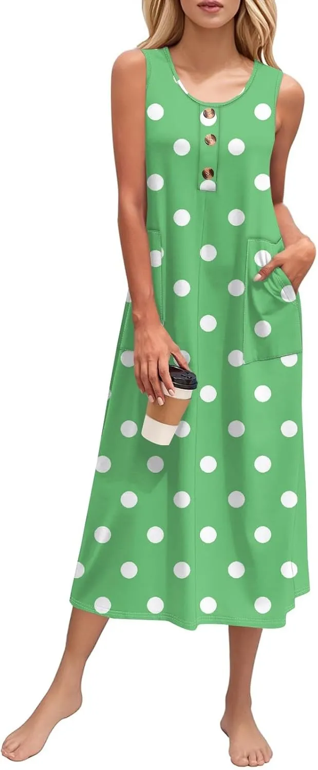 Beach Vacation Clothes for Women Casual Button U-Neck Swing Midi Dress Summer Dot Print Pocketed Long Flowy Dress