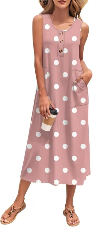 Beach Vacation Clothes for Women Casual Button U-Neck Swing Midi Dress Summer Dot Print Pocketed Long Flowy Dress