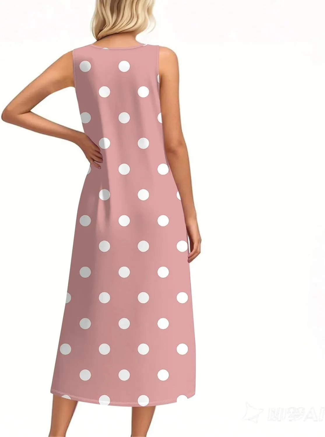 Beach Vacation Clothes for Women Casual Button U-Neck Swing Midi Dress Summer Dot Print Pocketed Long Flowy Dress
