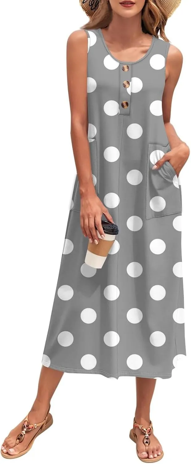 Beach Vacation Clothes for Women Casual Button U-Neck Swing Midi Dress Summer Dot Print Pocketed Long Flowy Dress