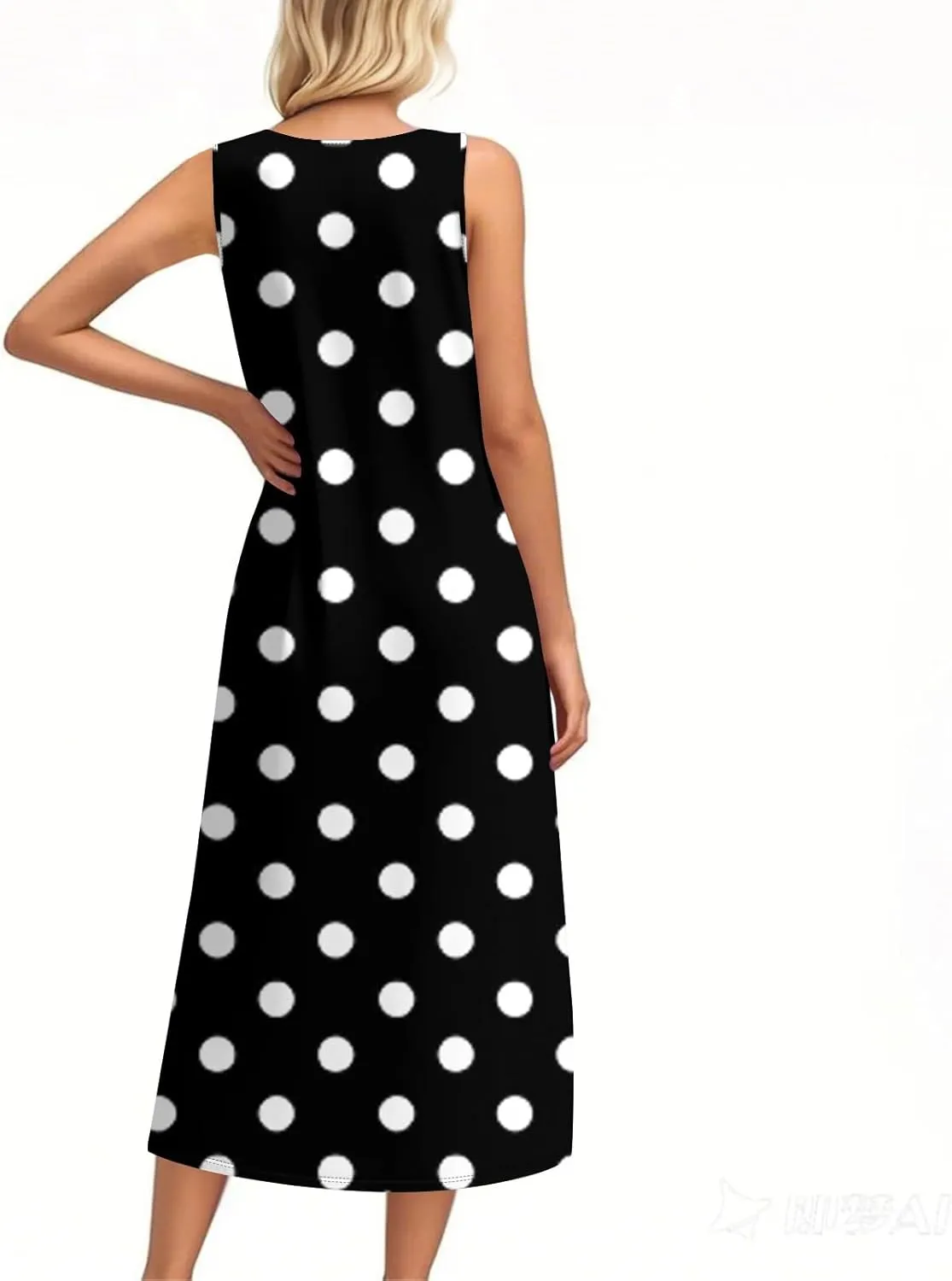 Beach Vacation Clothes for Women Casual Button U-Neck Swing Midi Dress Summer Dot Print Pocketed Long Flowy Dress