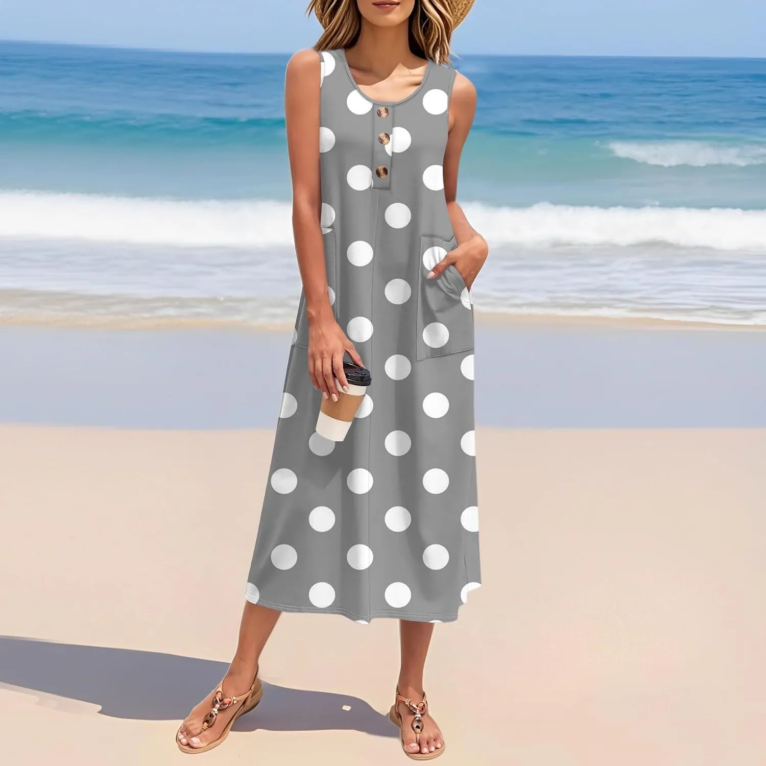 Beach Vacation Clothes for Women Casual Button U-Neck Swing Midi Dress Summer Dot Print Pocketed Long Flowy Dress
