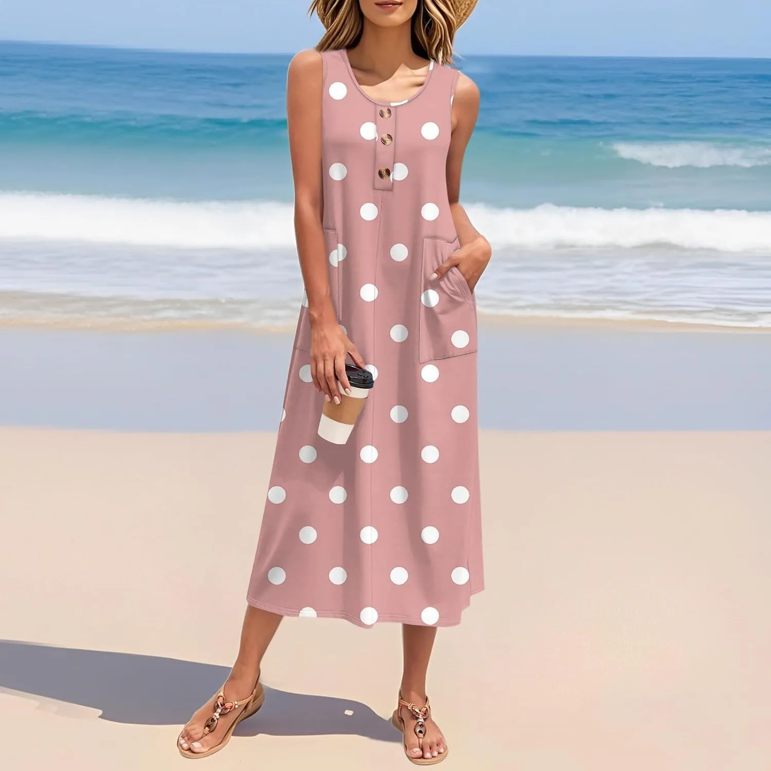 Beach Vacation Clothes for Women Casual Button U-Neck Swing Midi Dress Summer Dot Print Pocketed Long Flowy Dress