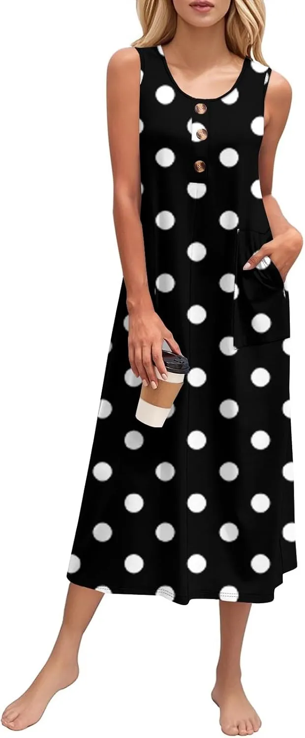 Beach Vacation Clothes for Women Casual Button U-Neck Swing Midi Dress Summer Dot Print Pocketed Long Flowy Dress