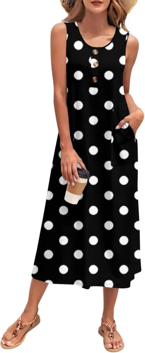 Beach Vacation Clothes for Women Casual Button U-Neck Swing Midi Dress Summer Dot Print Pocketed Long Flowy Dress