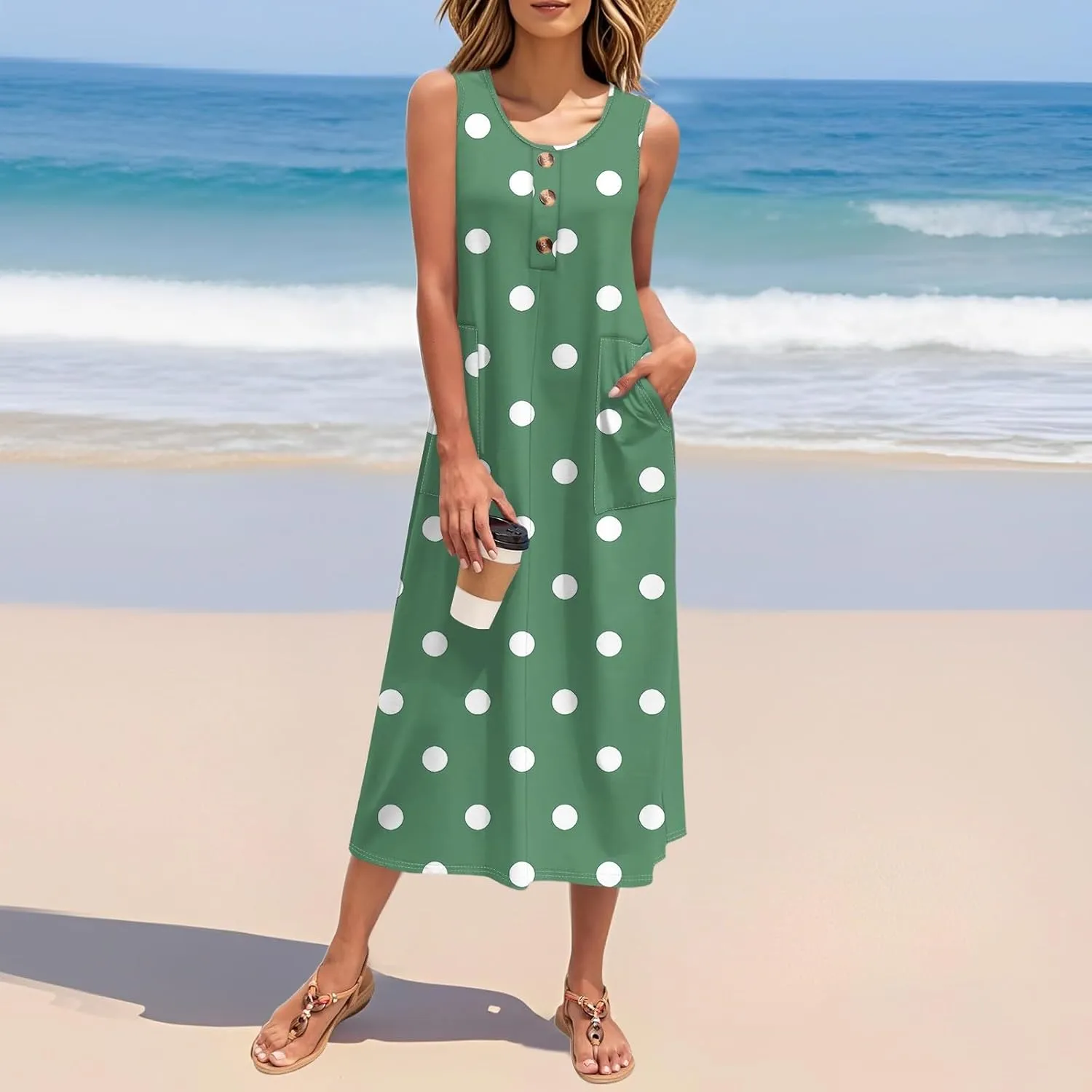 Beach Vacation Clothes for Women Casual Button U-Neck Swing Midi Dress Summer Dot Print Pocketed Long Flowy Dress