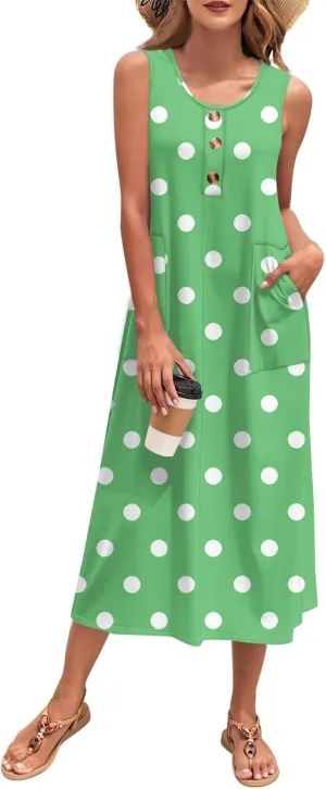 Beach Vacation Clothes for Women Casual Button U-Neck Swing Midi Dress Summer Dot Print Pocketed Long Flowy Dress