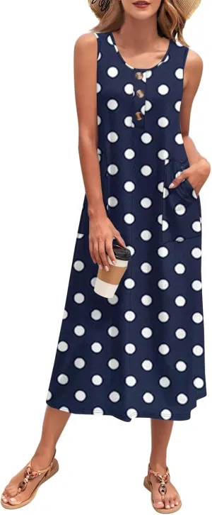 Beach Vacation Clothes for Women Casual Button U-Neck Swing Midi Dress Summer Dot Print Pocketed Long Flowy Dress