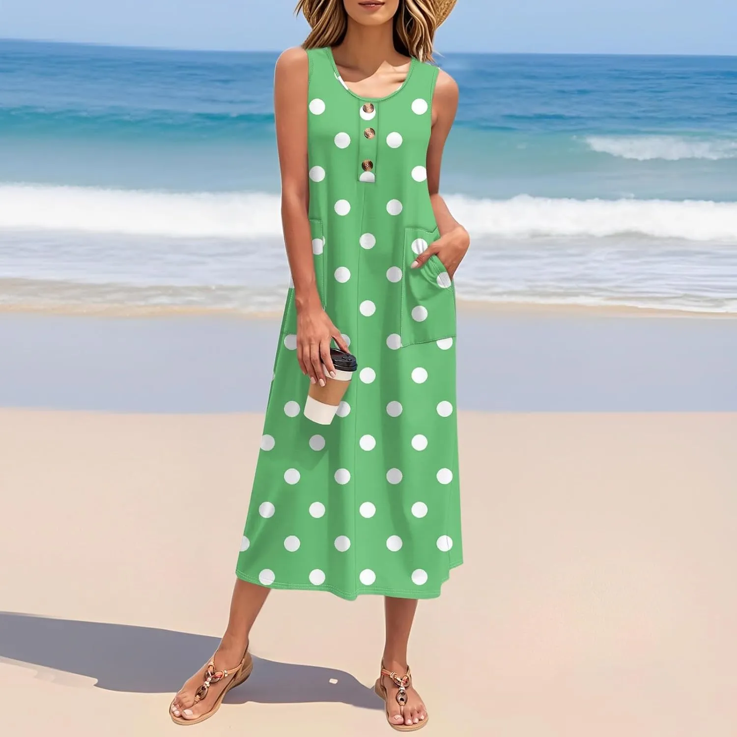 Beach Vacation Clothes for Women Casual Button U-Neck Swing Midi Dress Summer Dot Print Pocketed Long Flowy Dress