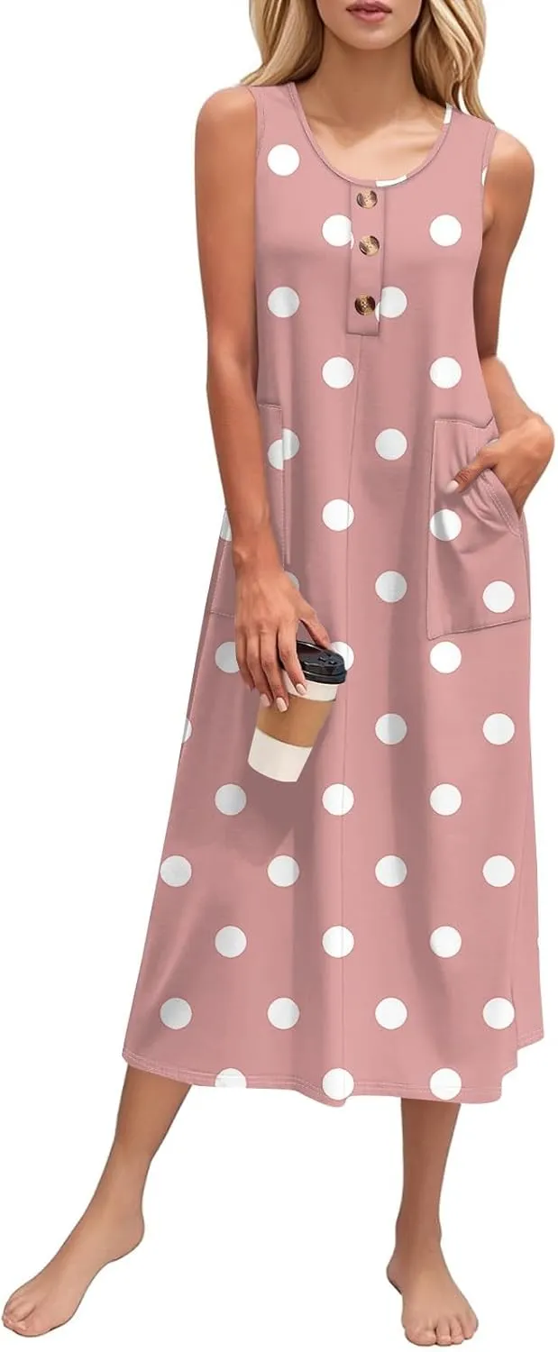 Beach Vacation Clothes for Women Casual Button U-Neck Swing Midi Dress Summer Dot Print Pocketed Long Flowy Dress