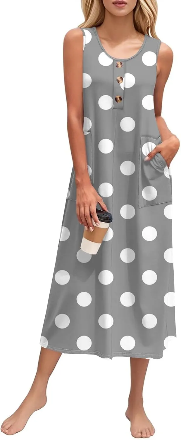 Beach Vacation Clothes for Women Casual Button U-Neck Swing Midi Dress Summer Dot Print Pocketed Long Flowy Dress