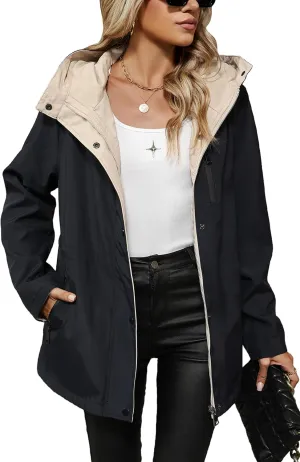 Bellivera Women Reversible Lightweight Jacket Casual Windbreaker Outerwear Waterproof Outdoor Printed Raincoat