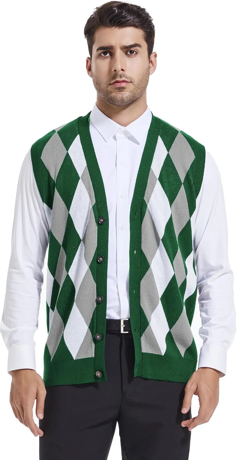 Beotyshow Mens Argyle Sweater Vests V Neck Sleeveless Cardigan Vest Knitwear