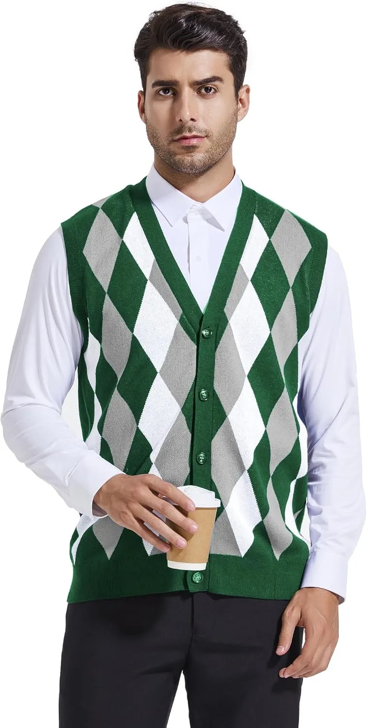Beotyshow Mens Argyle Sweater Vests V Neck Sleeveless Cardigan Vest Knitwear