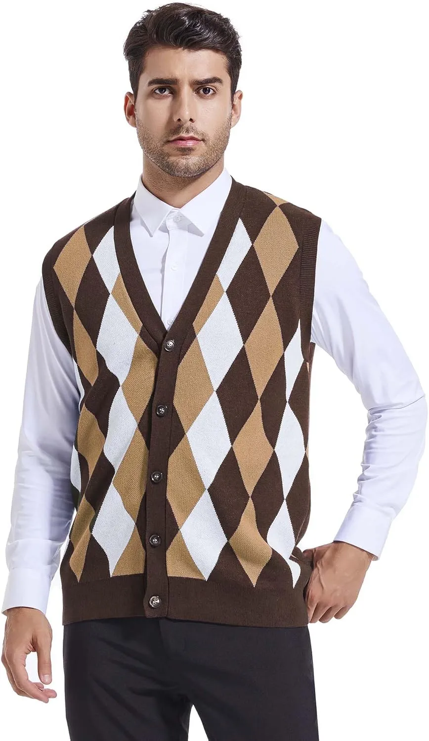 Beotyshow Mens Argyle Sweater Vests V Neck Sleeveless Cardigan Vest Knitwear