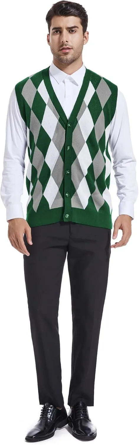 Beotyshow Mens Argyle Sweater Vests V Neck Sleeveless Cardigan Vest Knitwear