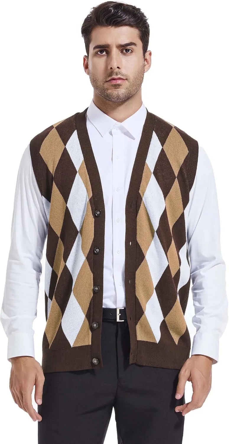 Beotyshow Mens Argyle Sweater Vests V Neck Sleeveless Cardigan Vest Knitwear